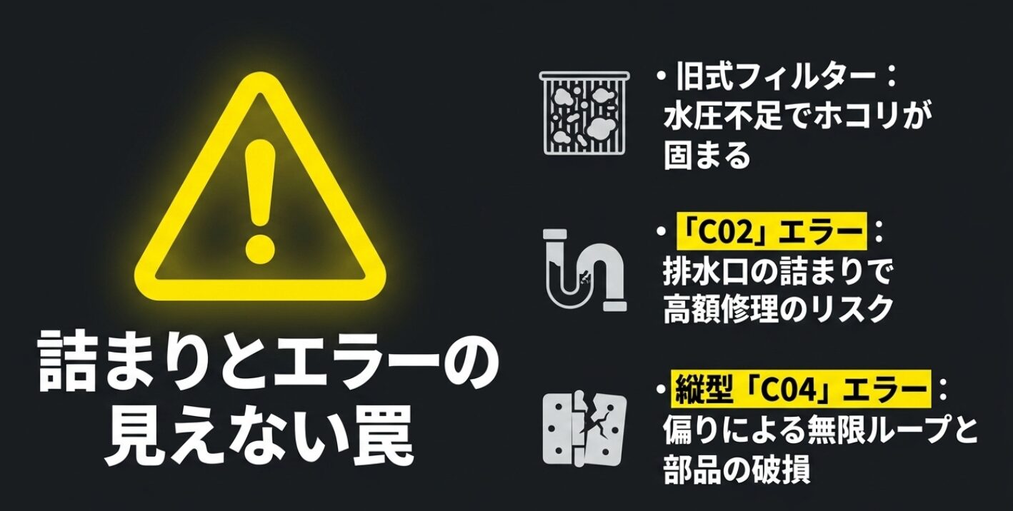 フィルターの詰まり、排水口の詰まりによるC02エラー、縦型のC04エラーと部品破損のリスクをまとめた解説画像