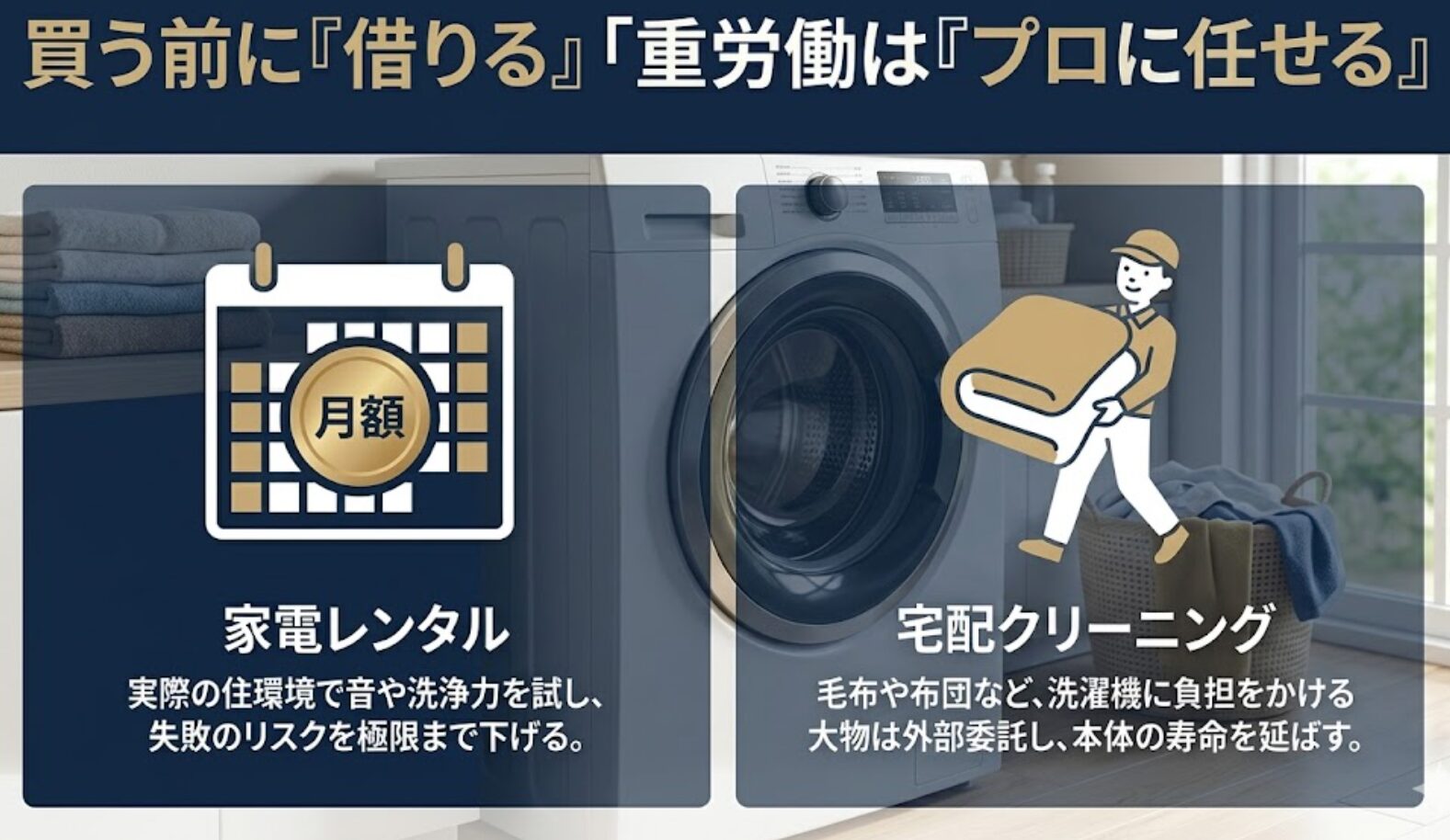 買う前に借りる家電レンタルと、毛布などの大物をプロに任せる宅配クリーニングによるリスク分散の図解