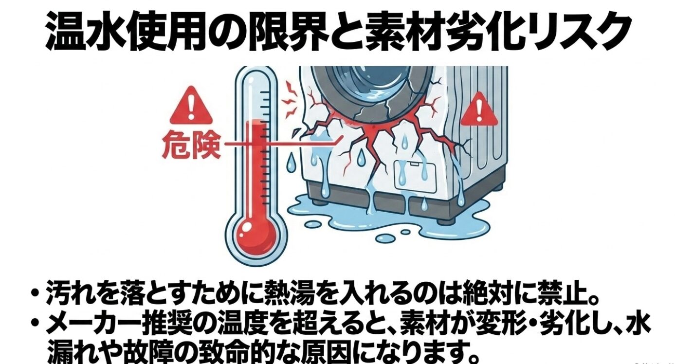 温度計のイラストと、危険・注意を促す三角マーク、および熱湯を入れたことで素材が変形・劣化してひび割れ、激しく水漏れしている洗濯機のイラスト