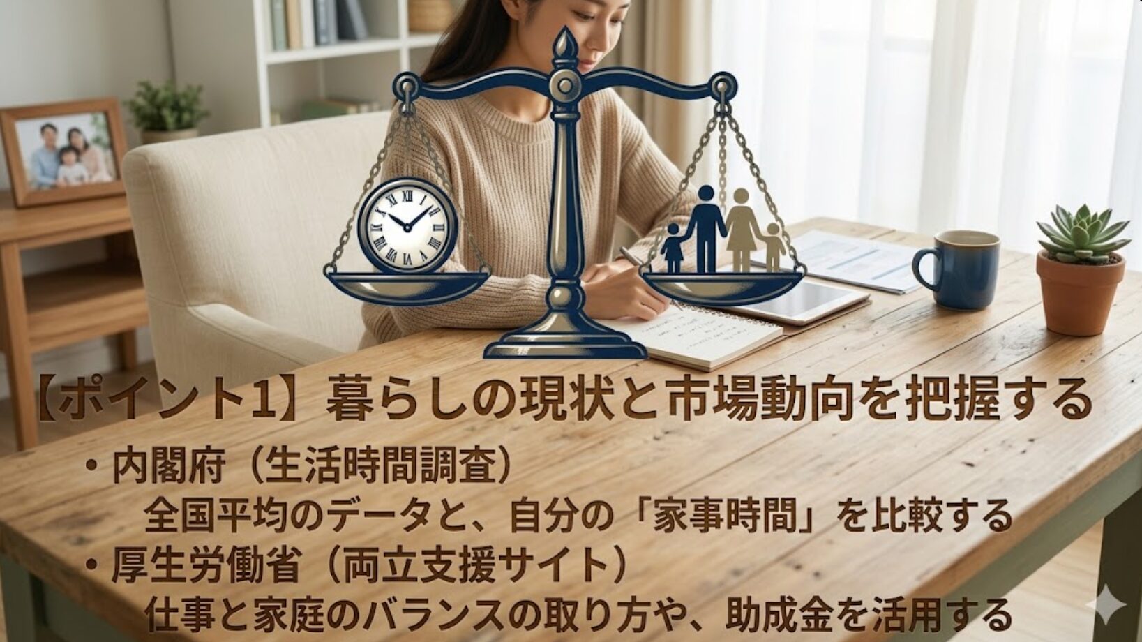 天秤の左側に時計、右側に家族のシルエットが乗っており、家事投資による時間と家族のバランスを表したイラスト