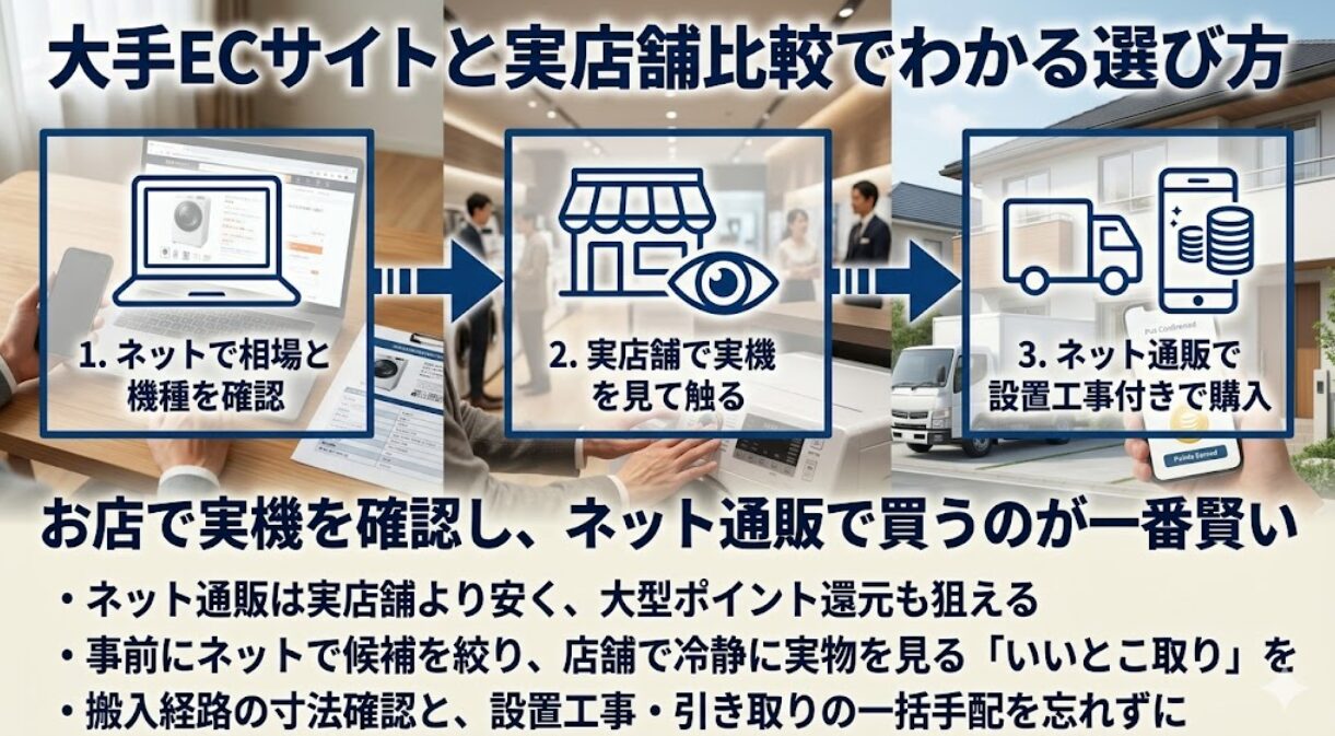 洗濯機をお得に購入するステップを示した図。1.ネットで相場と機種を確認、2.実店舗で実機を見て触る、3.ネット通販で設置工事付きで購入、というお店で実物を確認してネットで買う「いいとこ取り」の手法や、搬入経路の寸法確認の重要性を説明するスライド。