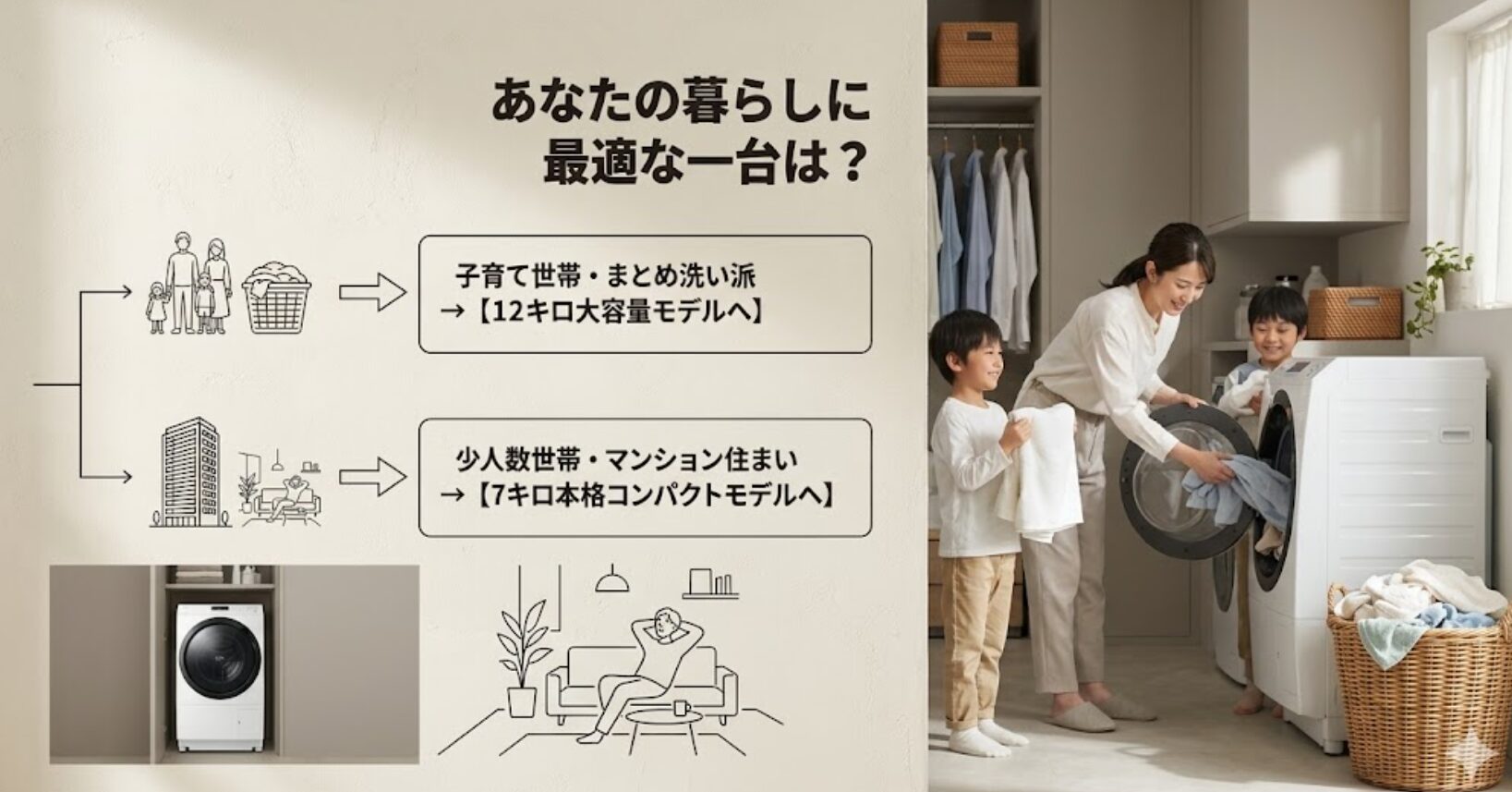 子育て世帯・まとめ洗い派には12キロ大容量モデル、少人数世帯・マンション住まいには7キロ本格コンパクトモデルを推奨するフローチャート。