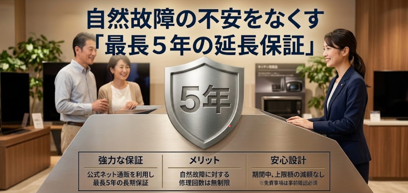 自然故障の不安をなくす、最長5年の延長保証を示す盾のアイコン