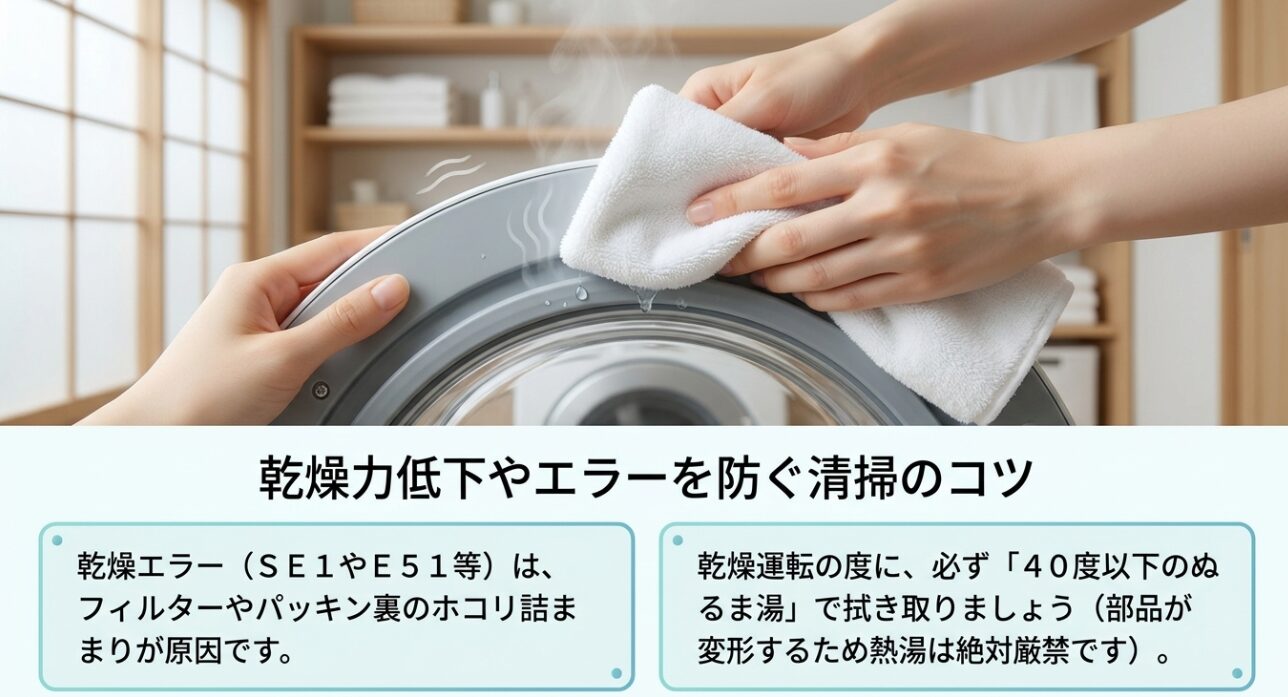 乾燥エラーの原因となるフィルターやパッキンのホコリを、乾燥運転のたびに40度以下のぬるま湯で拭き取るよう推奨するスライド画像です 。