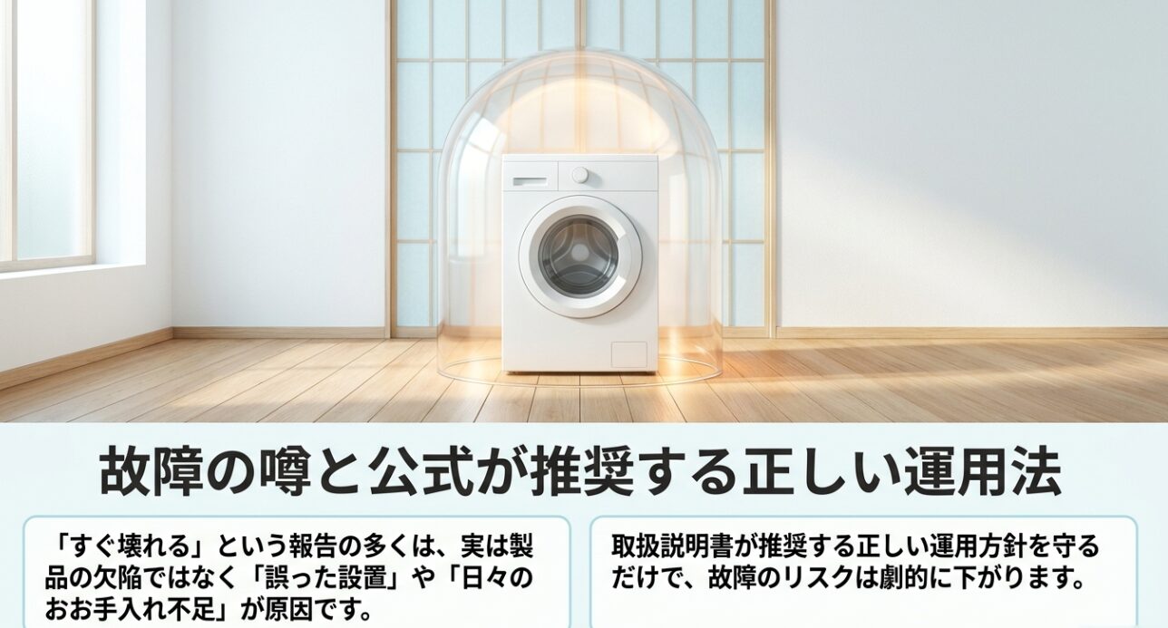 すぐ壊れるという報告の多くは誤った設置やお手入れ不足が原因であり、正しい運用方針を守ることでリスクが下がると説明するスライド画像です 。