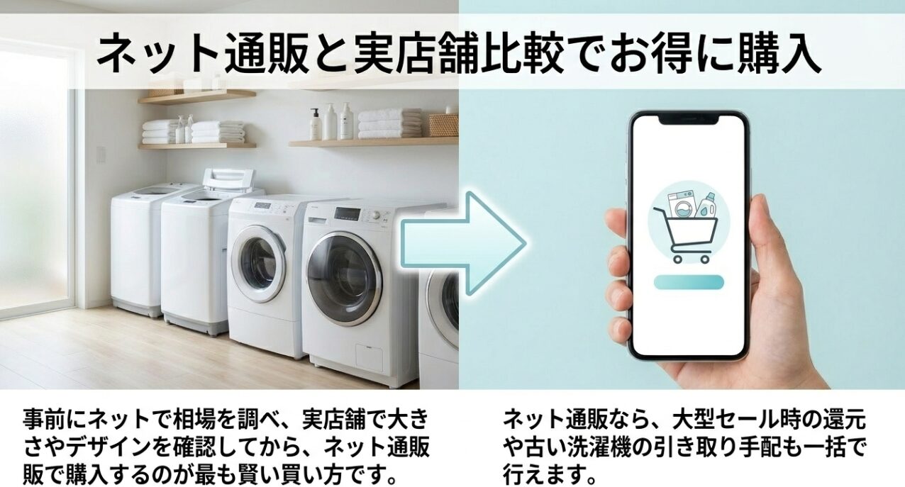 ネットで相場を調べて実店舗で確認した後にネット通販で購入する手順や、大型セールの還元と引き取り手配の利点を伝えるスライド画像です 。