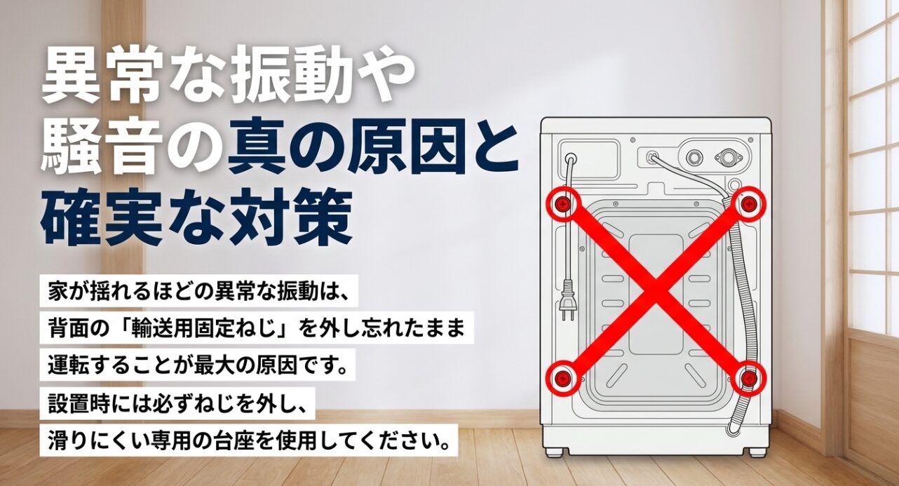 異常な振動は背面の輸送用固定ねじの外し忘れが最大の原因であり、設置時にはねじを外して専用の台座を使うことを促すスライド画像です 。