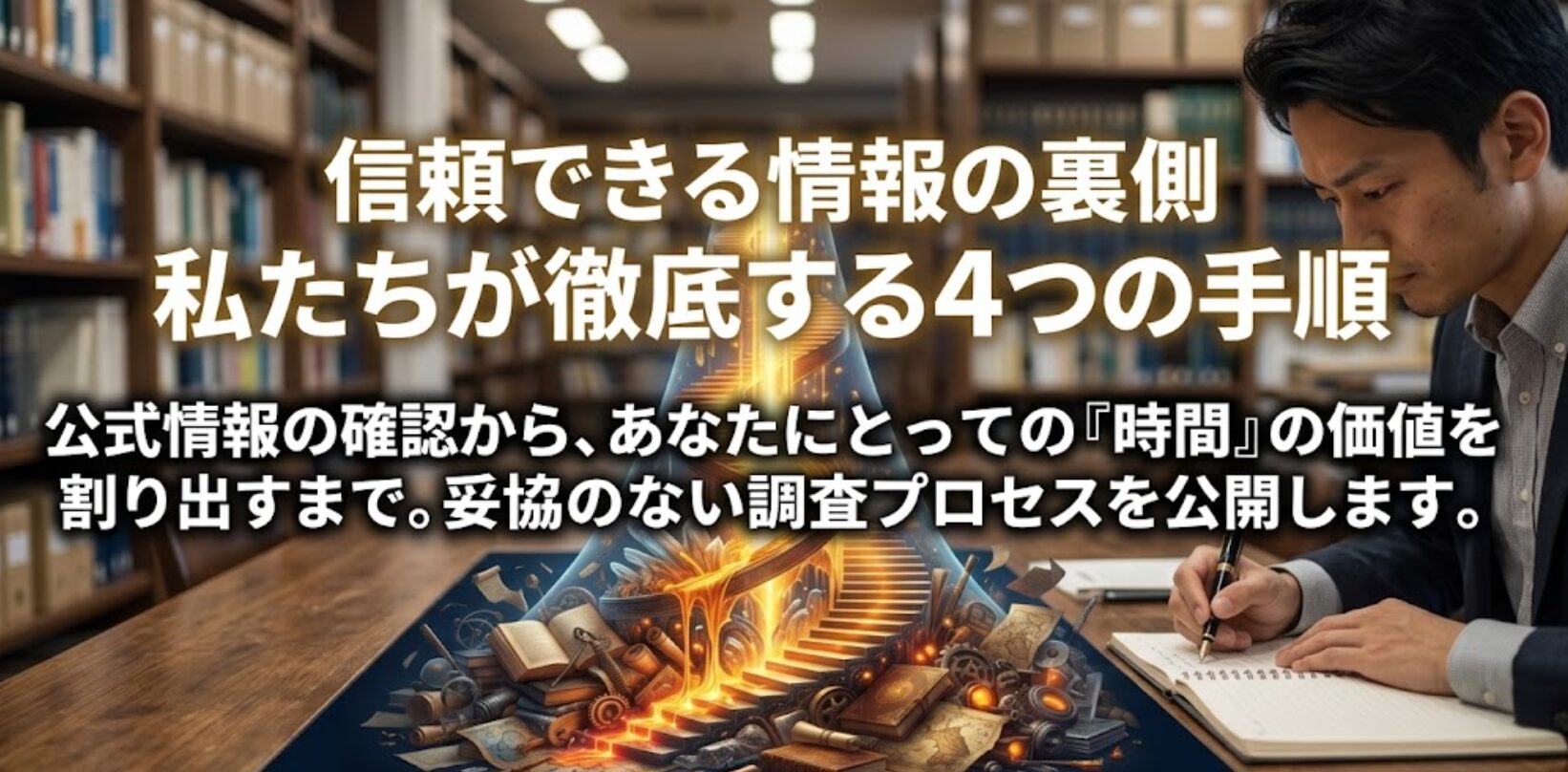 黄金の階段と本や時計のパーツが描かれた、時間の価値を象徴する幻想的なイラスト。