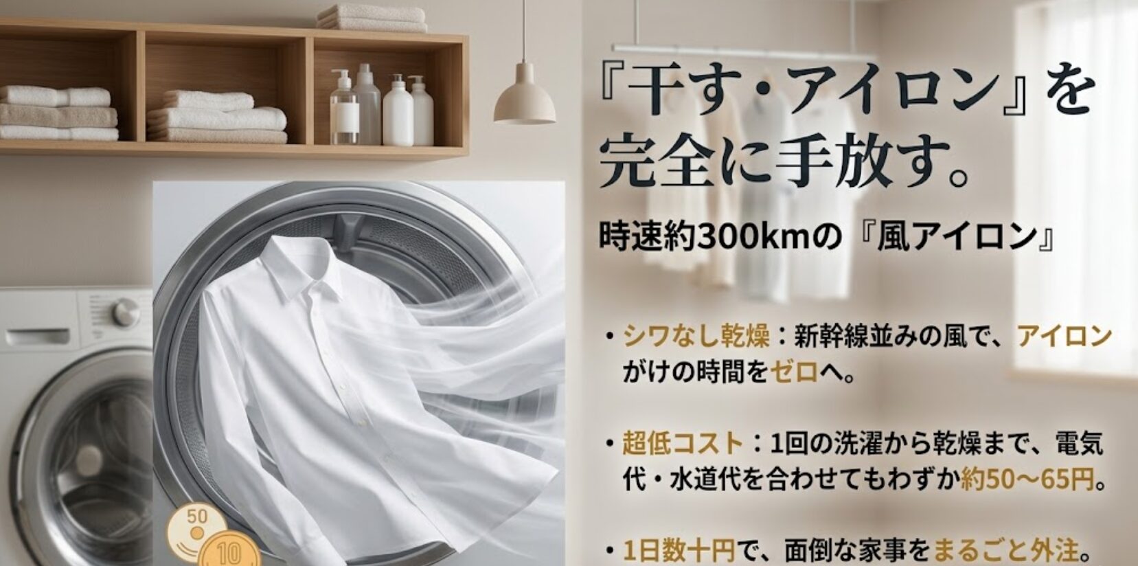 時速約300kmの風でシワを伸ばす乾燥技術と、1回の洗濯乾燥にかかる光熱費が約50円から65円である利点を示しています 。