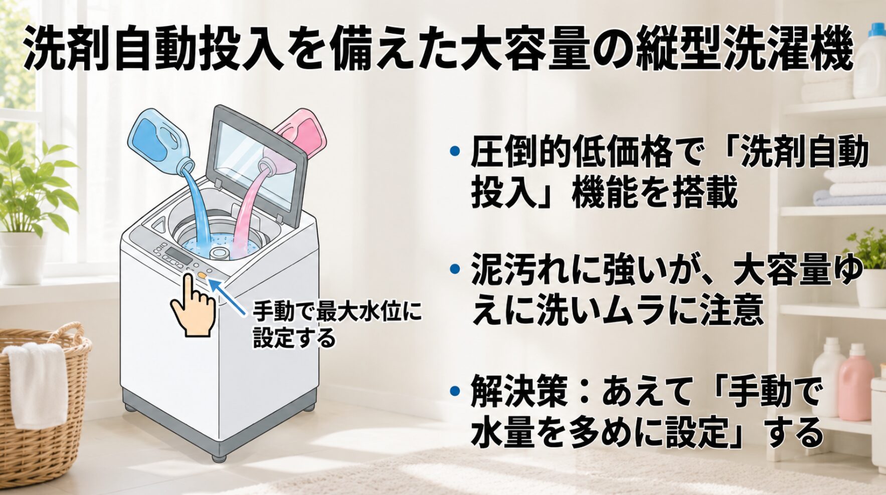 低価格で洗剤自動投入を搭載した大容量縦型洗濯機の、洗いムラを防ぐために手動で最大水位に設定する解決策を示したスライド