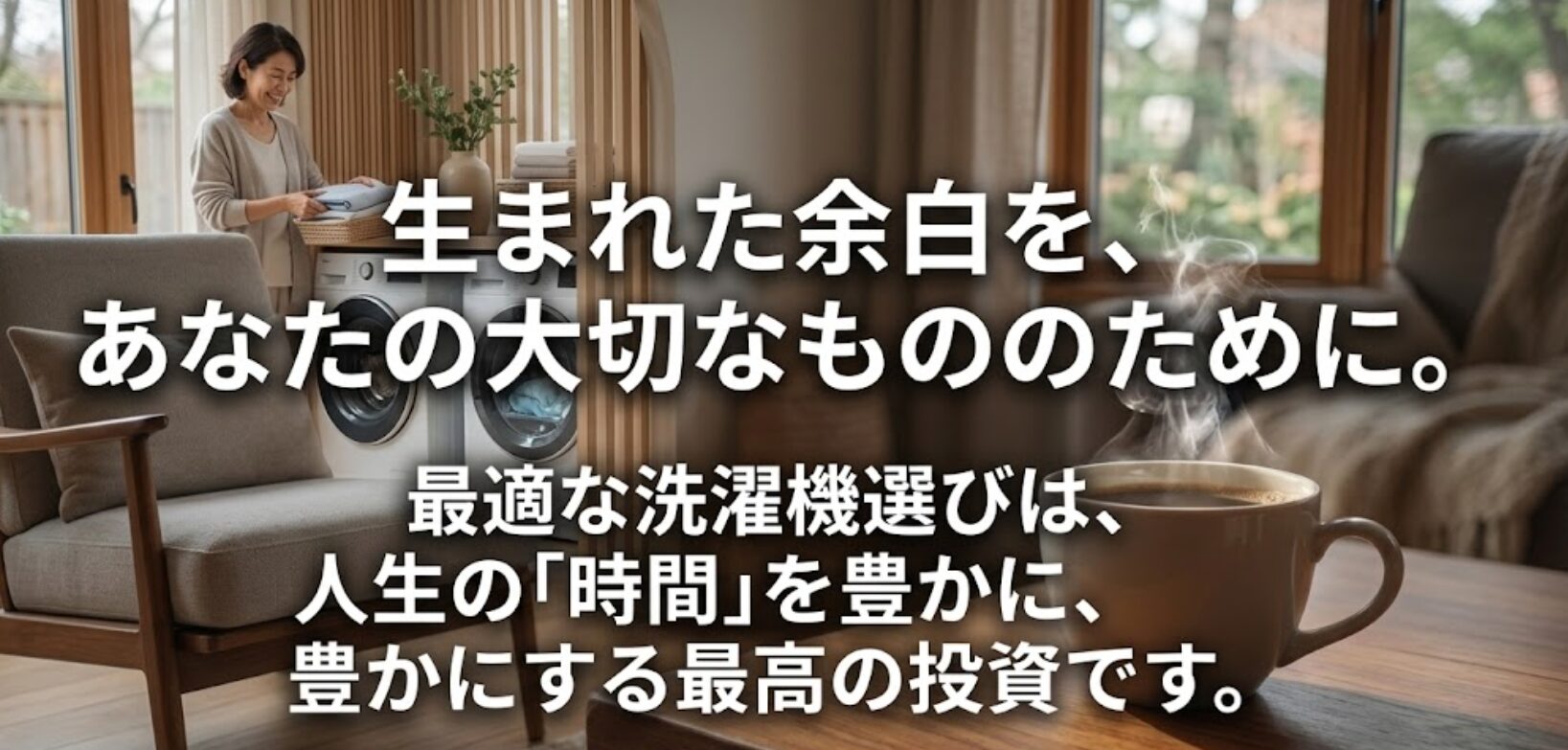 最適な洗濯機選びは人生の時間を豊かにする最高の投資であり、生まれた余白の時間を大切なもののために使うことを伝えるメッセージ画像 。