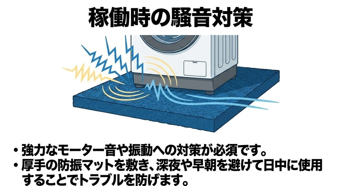 バケツ型洗濯機から発生する強力なモーター音や振動を抑えるための対策を表したイメージ