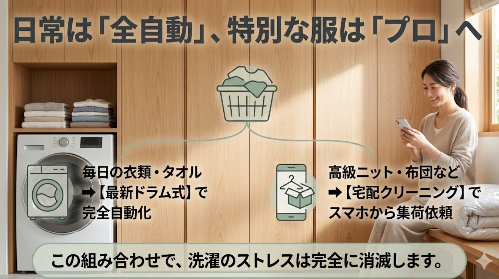 日常の衣類はドラム式で全自動化し、高級品や布団は宅配クリーニングを利用する使い分け。