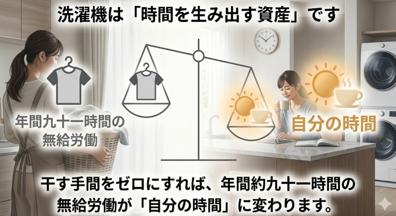 洗濯機を時間を生み出す資産と定義し、干す時間をゼロにすることで年間約91時間の自由時間が生まれることを示す図解。