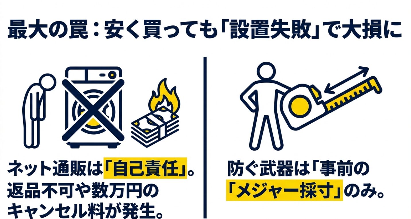 ネット通販は自己責任であり、事前のメジャー採寸が設置失敗を防ぐ唯一の手段であることを示すイラスト。
