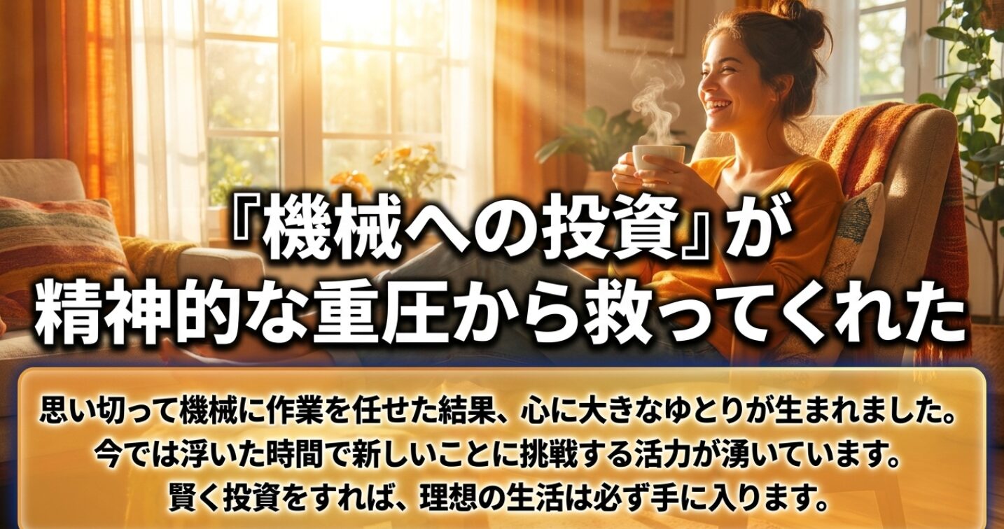 機械に作業を任せることで精神的なゆとりが生まれ、活力が湧いたことを説明するスライド。