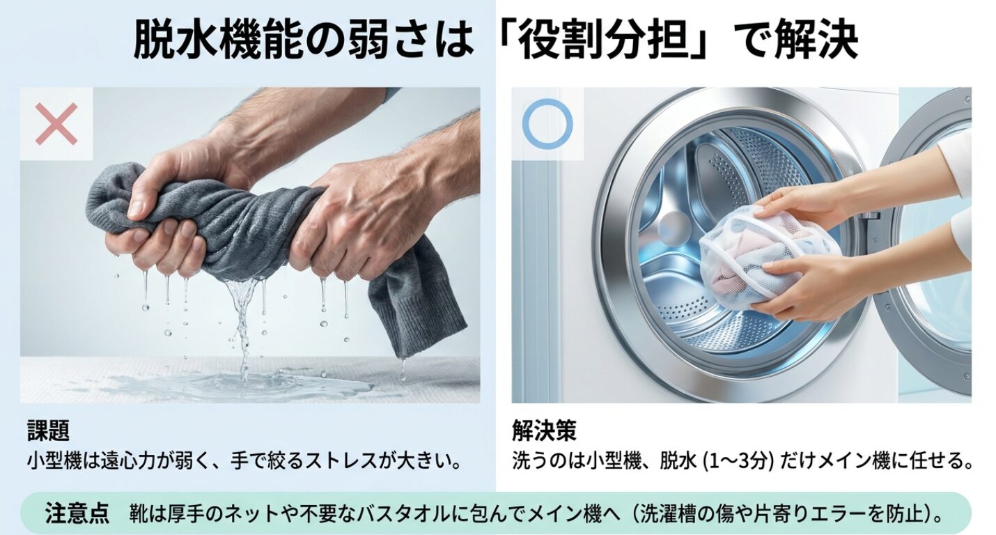 洗う工程は小型機で行い、脱水工程のみをメインの洗濯機に任せる手順の図解です。