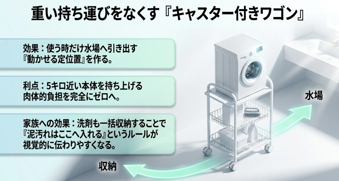スチールワゴンに本体と洗剤をまとめ、必要な時だけ水場へ動かすアイデアの図解です。
