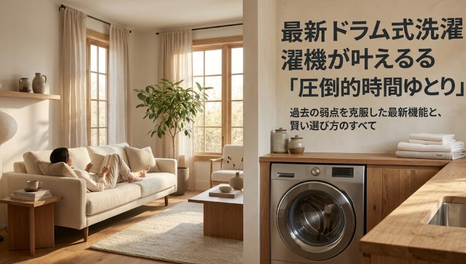 明るいリビングのソファでリラックスして読書をする女性の画像。最新ドラム式洗濯機が叶える圧倒的な時間のゆとりと賢い選び方についての紹介。