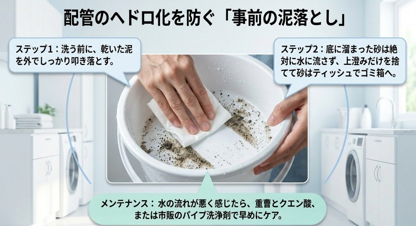 洗濯前に泥を叩き落とすことや、底に溜まった砂を流さないための注意点を示しています。