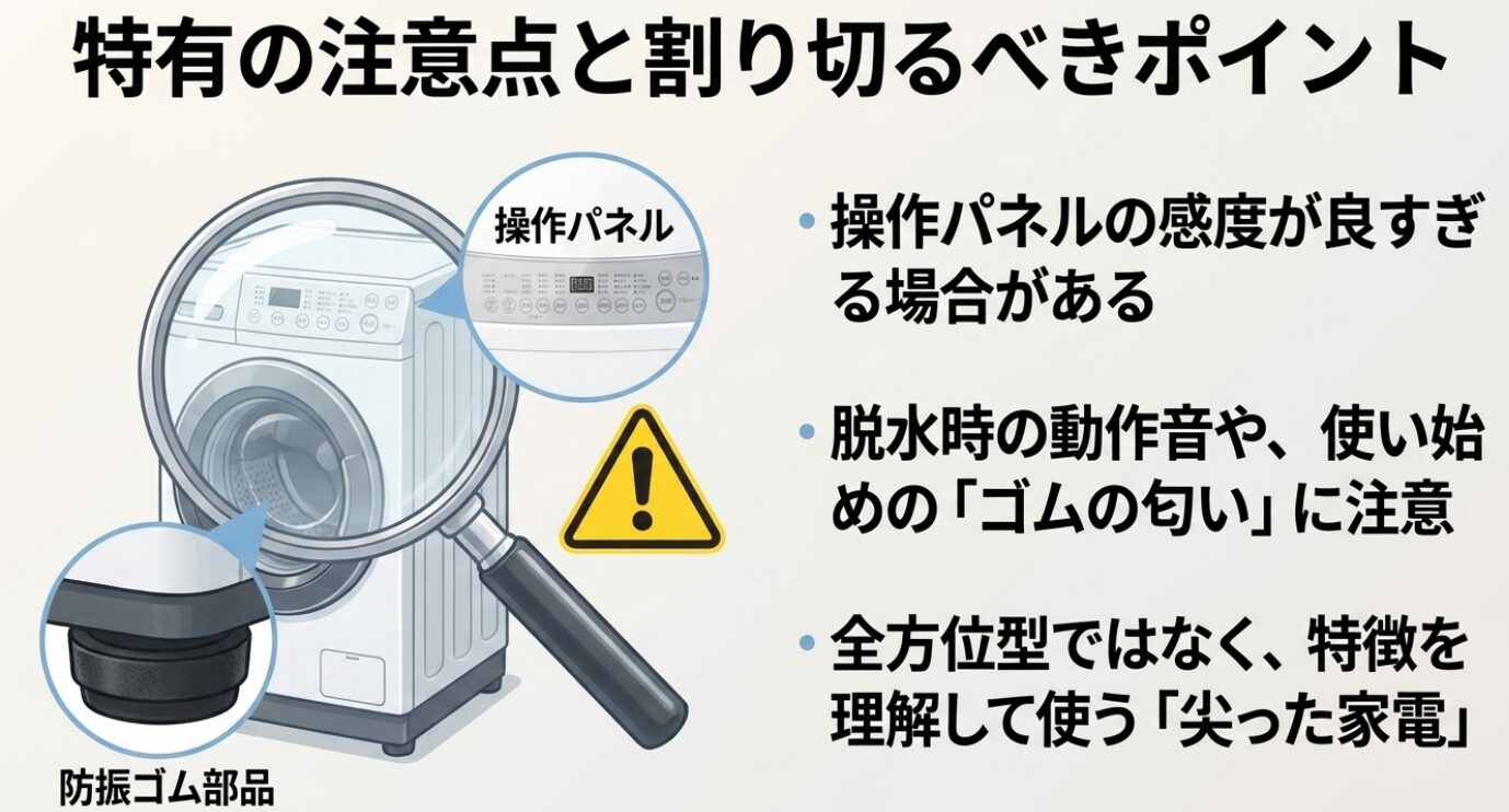 操作パネルの感度、脱水時の動作音、使い始めのゴムの匂いなど、特徴を理解して使うための注意点をまとめたスライド