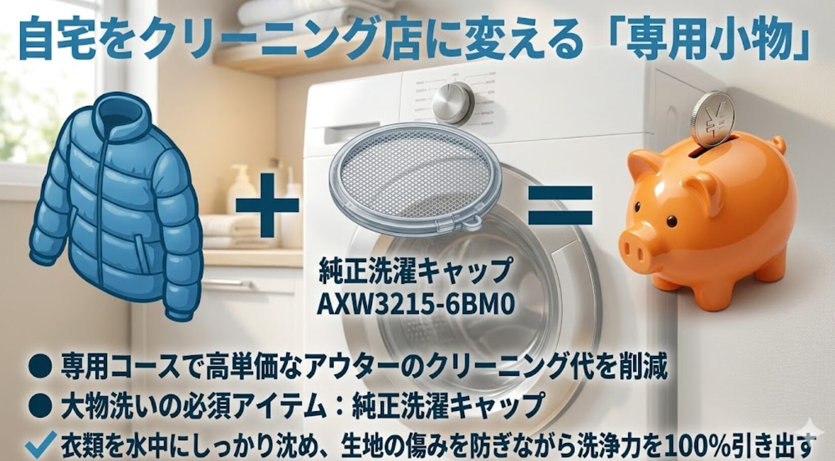 ダウンジャケットや毛布を洗う際に、衣類を水中に沈めて傷みを防ぐ純正洗濯キャップAXW3215-6BM0の使用イメージ。