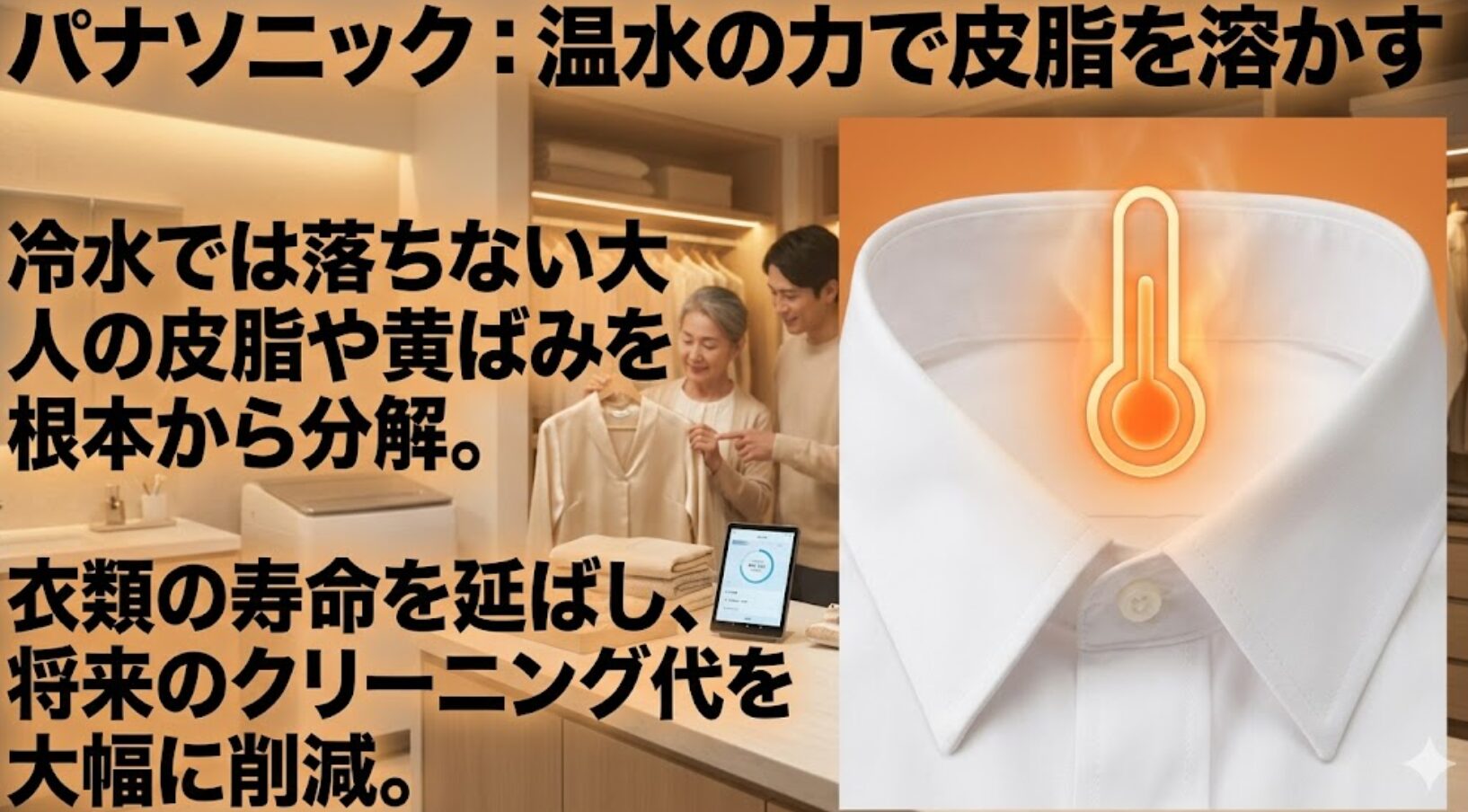 パナソニックの温水機能が皮脂や黄ばみを分解し、衣類の寿命を延ばすことで将来のクリーニング代を削減できることを示すスライド。