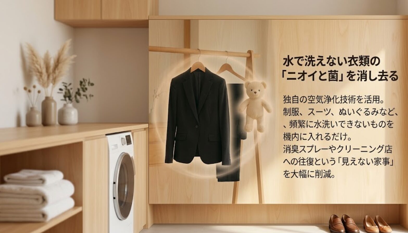 スーツや制服、ぬいぐるみなど、水で洗えない衣類のニオイと菌を独自の空気浄化技術で消し去る機能の紹介。クリーニング店への往復という見えない家事を削減するメリットの記載。