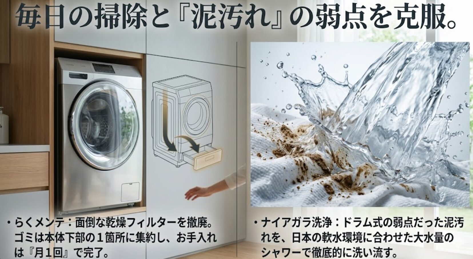 乾燥フィルターのお手入れを月1回に短縮する構造と、大流量のシャワーで泥汚れを落とす洗浄方法の説明図です 。