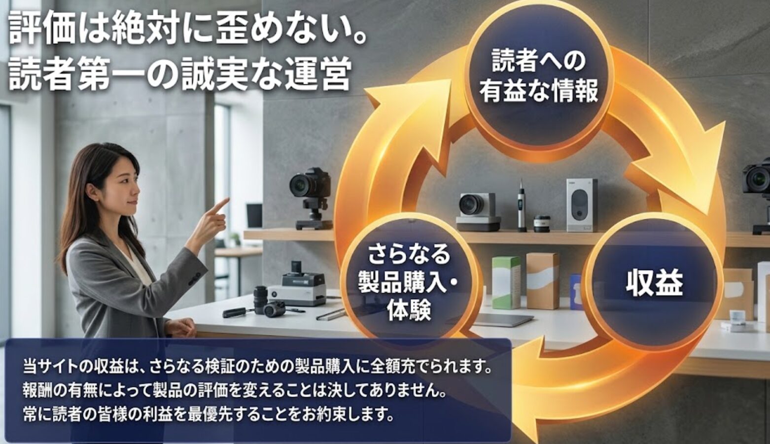 収益をさらなる検証に充て、評価を歪めず読者の利益を最優先することを約束する図解スライド。