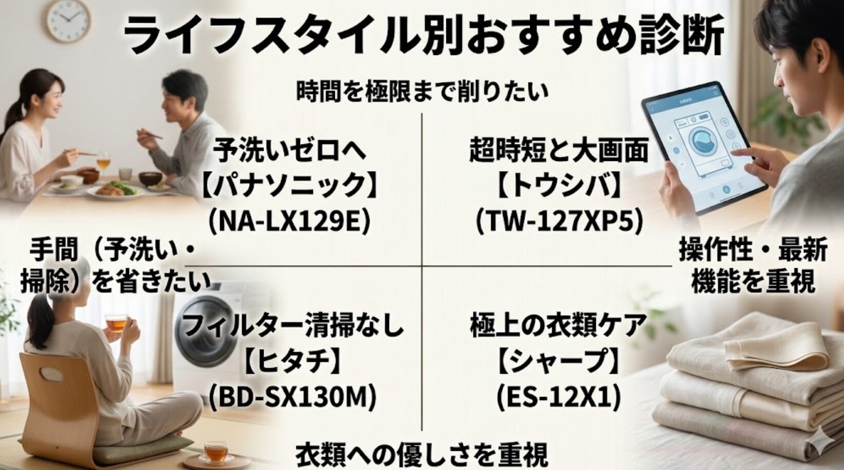 パナソニック、東芝、日立、シャープの各モデルがどのような悩みを持つ人に適しているかを示すまとめ図。