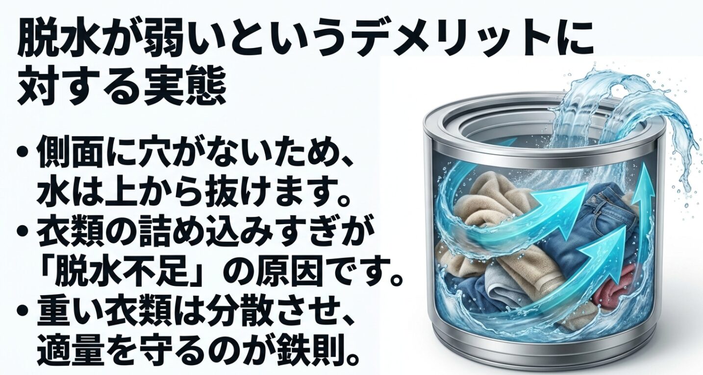 洗濯槽の底から水が上部へ巻き上がって排水されるイラストと、脱水が弱い原因が衣類の詰め込みすぎであること、重い衣類を分散させて適量を守る対策が書かれたスライド