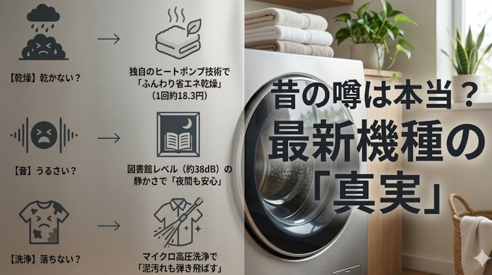 ドラム式洗濯機に対する「乾かない？」「うるさい？」「落ちない？」という疑問に対し、ヒートポンプ乾燥、静音設計、マイクロ高圧洗浄といった最新技術で解決していることを示す比較図。