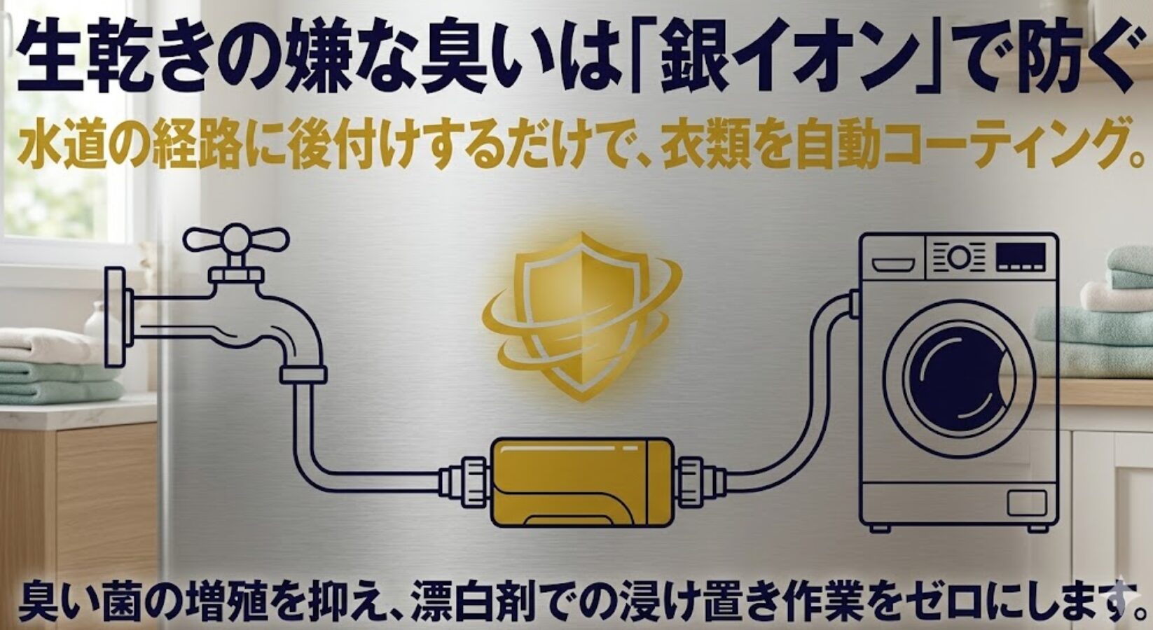 水道の経路に後付けするだけで、衣類を銀イオンで自動コーティングし臭い菌の増殖を抑える仕組みの図
