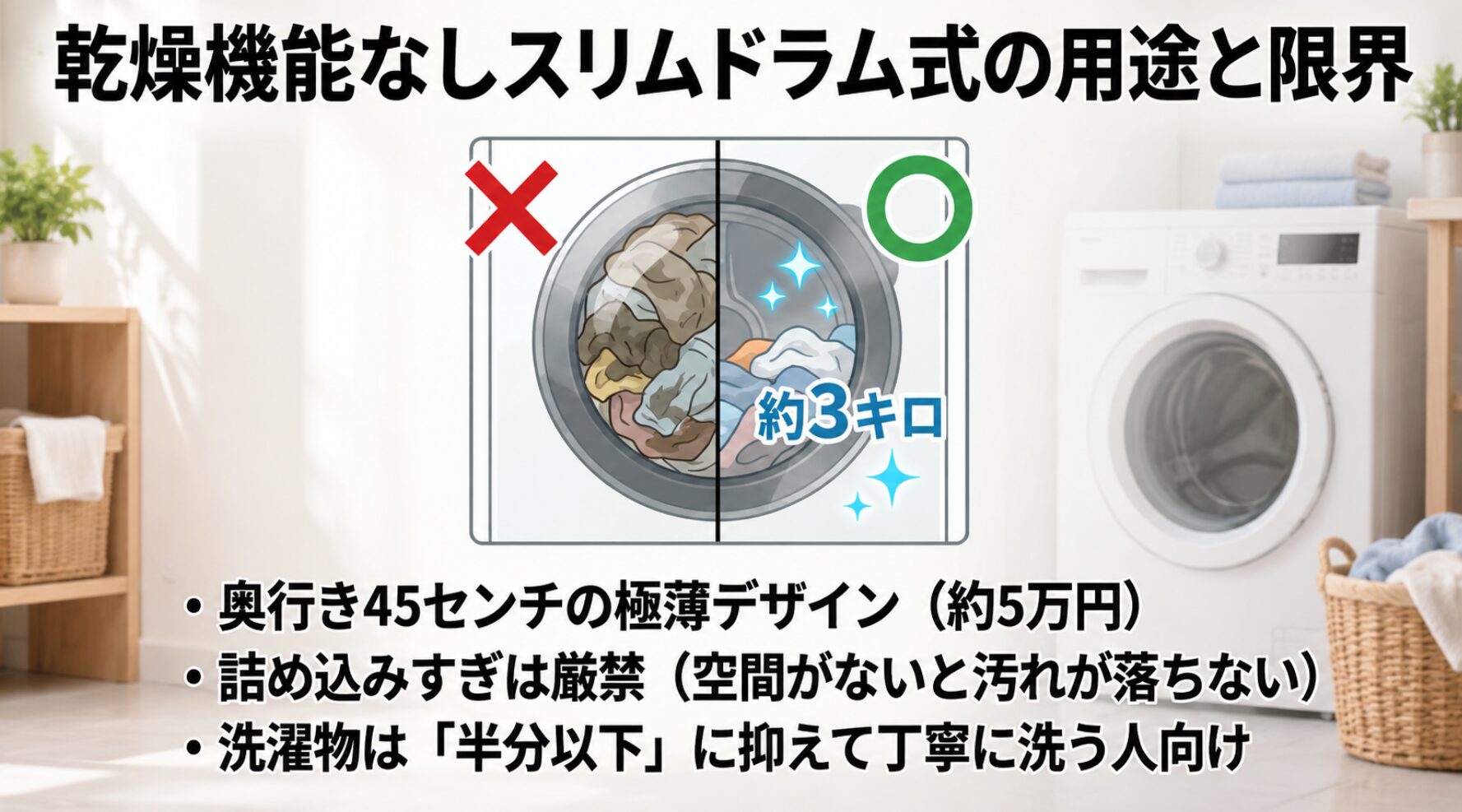 奥行き45センチの極薄デザインにおいて、汚れを落とすために洗濯物を約3キロの半分以下に抑える必要性を説明するスライド