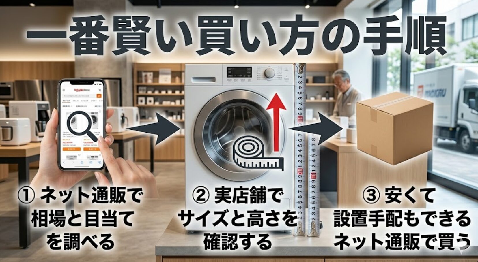 ネットで相場を調べ、実店舗でサイズを確認し、最終的にネットで安く買うという具体的な手順