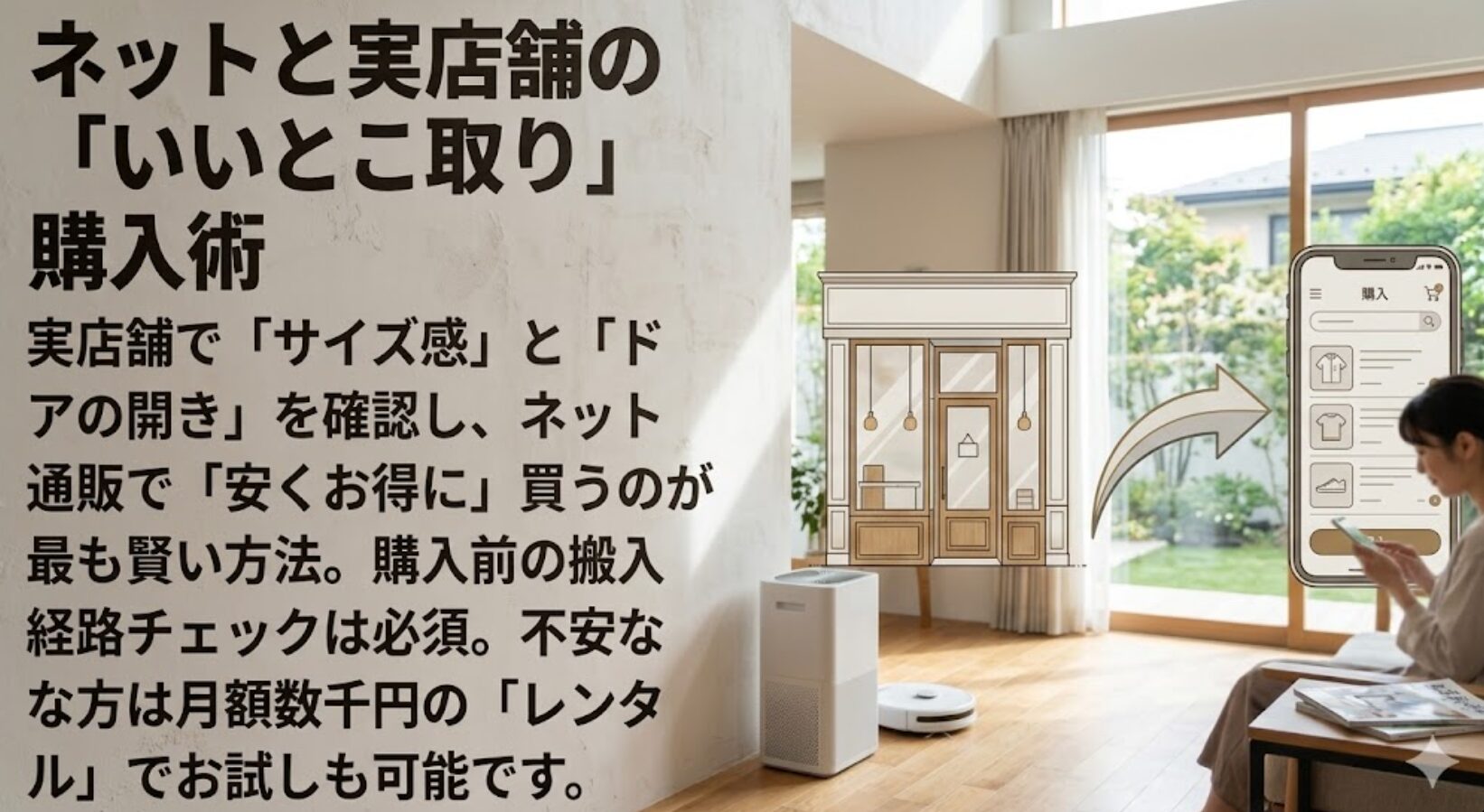 実店舗でサイズ感やドアの開きを確認し、ネット通販で安くお得に買うステップの紹介。搬入経路のチェックや、レンタルでのお試しの推奨。
