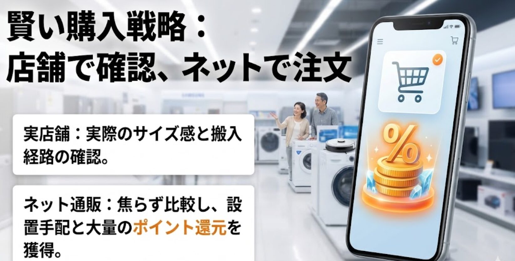 店舗でサイズ感を確認し、ネット通販で比較とポイント還元を活用して注文する、賢い購入手順を説明したスライド。