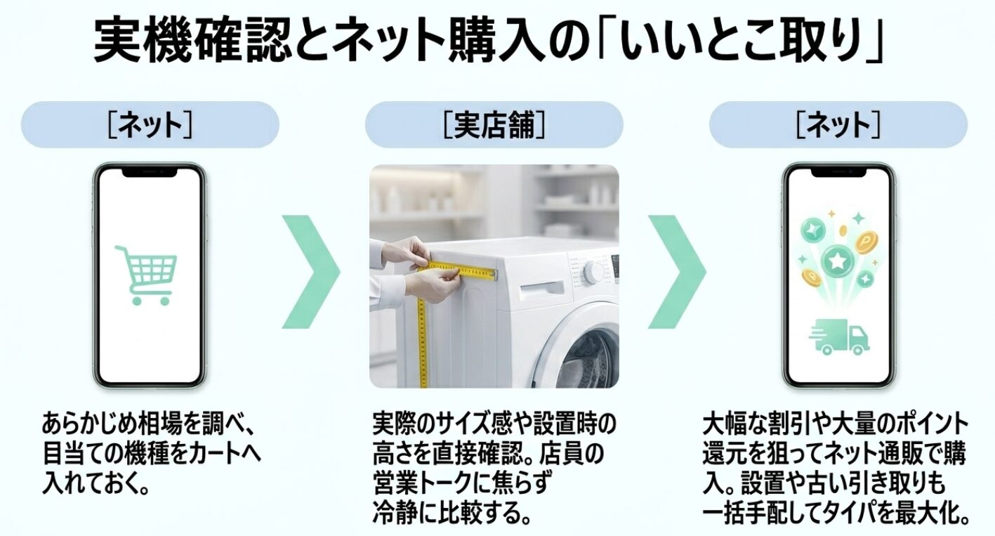店舗でサイズを確認し、ポイント還元率の高いネット通販で購入する手順の流れ図です。