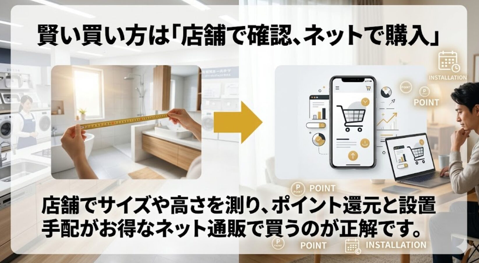店舗でサイズや高さを測り、ポイント還元がお得なネット通販で買うのが正解であることを説明する画像