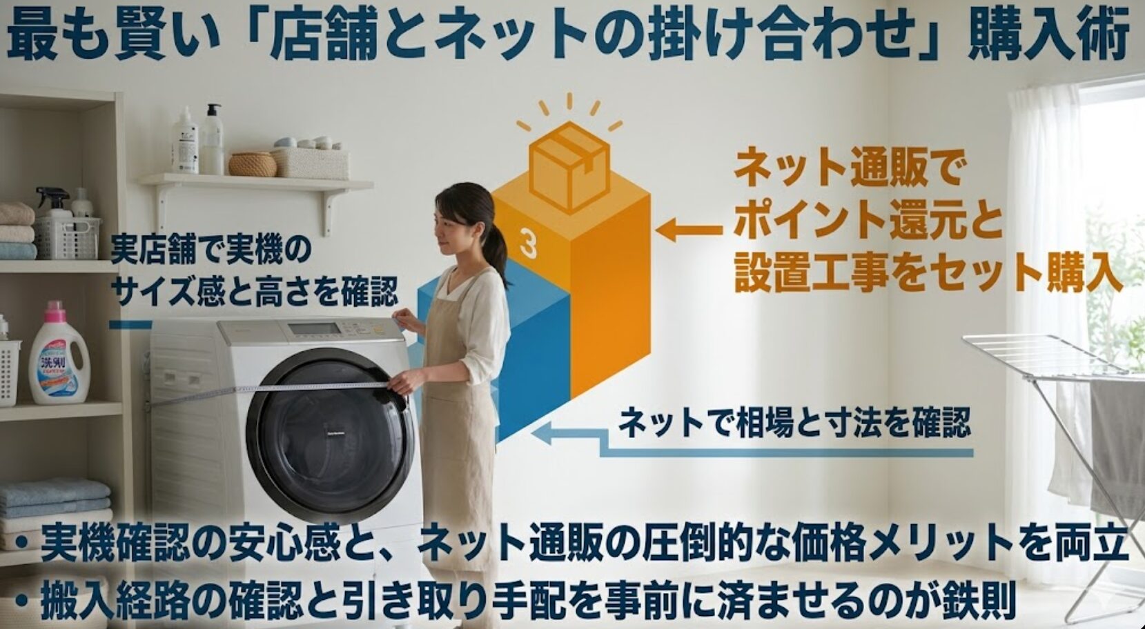 ネットで相場を確認し、店舗で実機を確認した上で、ポイント還元の大きいネットで購入・設置依頼する手順の図解。
