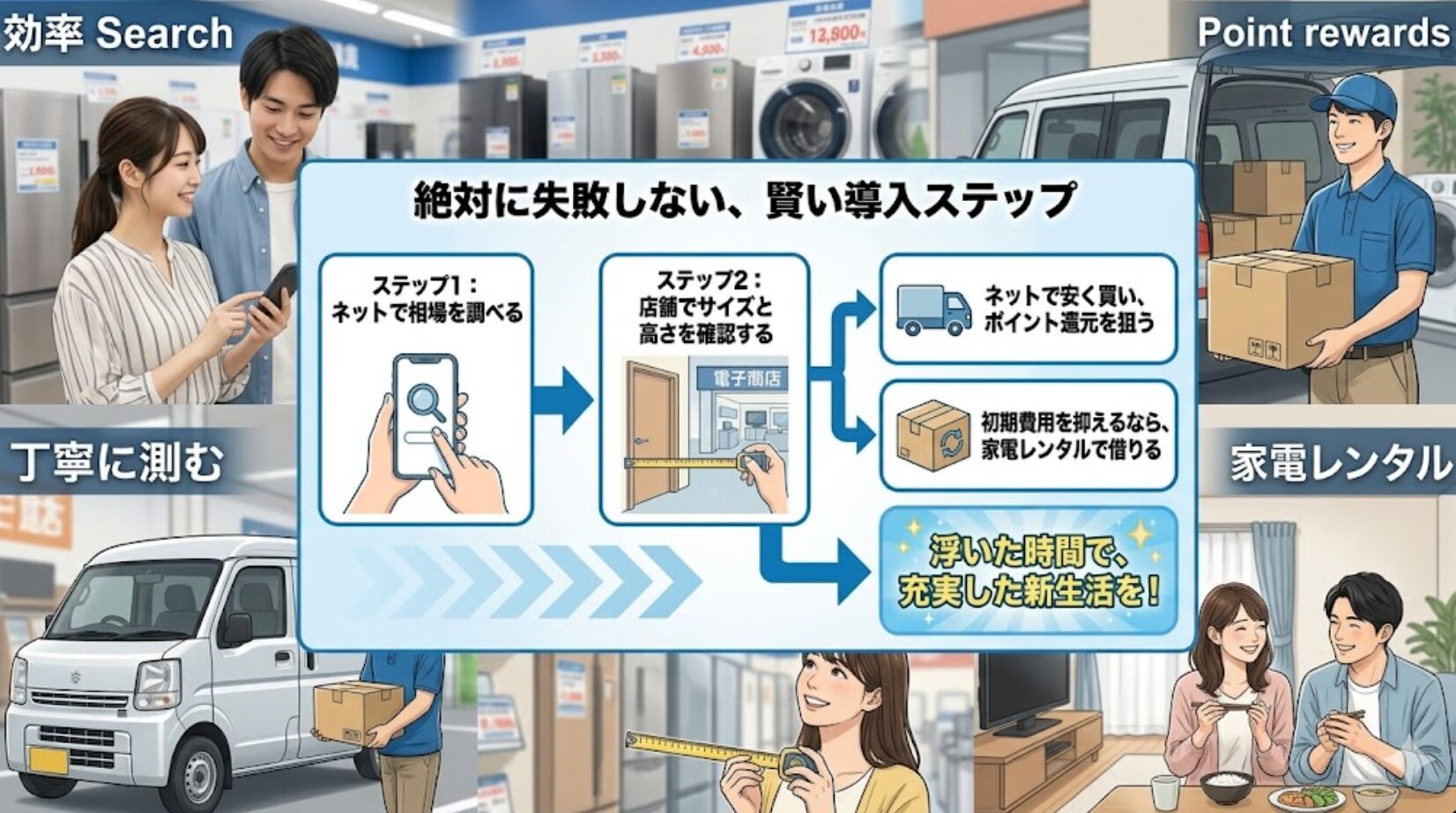 ネットで相場を調べ、店舗でサイズを確認し、ポイント還元やレンタルを活用する手順を解説したスライド