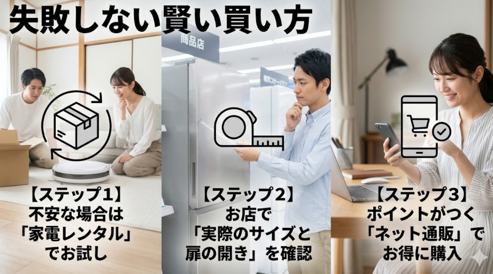 家電レンタルでのお試しから店舗での確認、ネット通販での購入までの3ステップ 