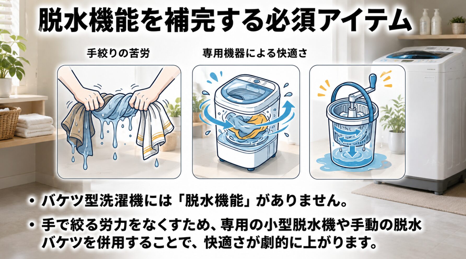 濡れたタオルを両手で力を込めてギューッと手絞りしているイラストと、専用の機器の内部で洗濯物が高速回転して快適に脱水されているイラスト