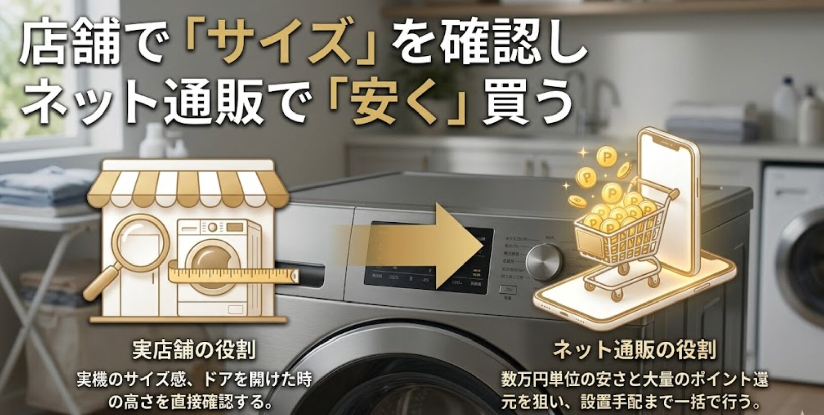 実店舗でサイズを確認し、ネット通販でポイント還元を狙って安く購入する手順の図解