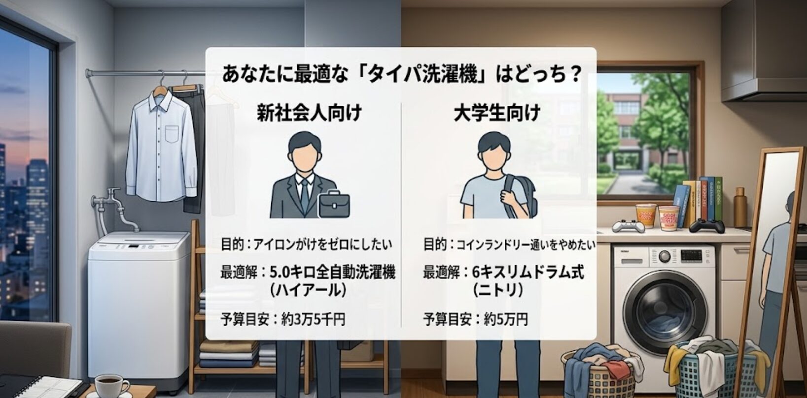新社会人向け（ハイアール）と大学生向け（ニトリ）の最適な洗濯機と予算目安を比較したスライド
