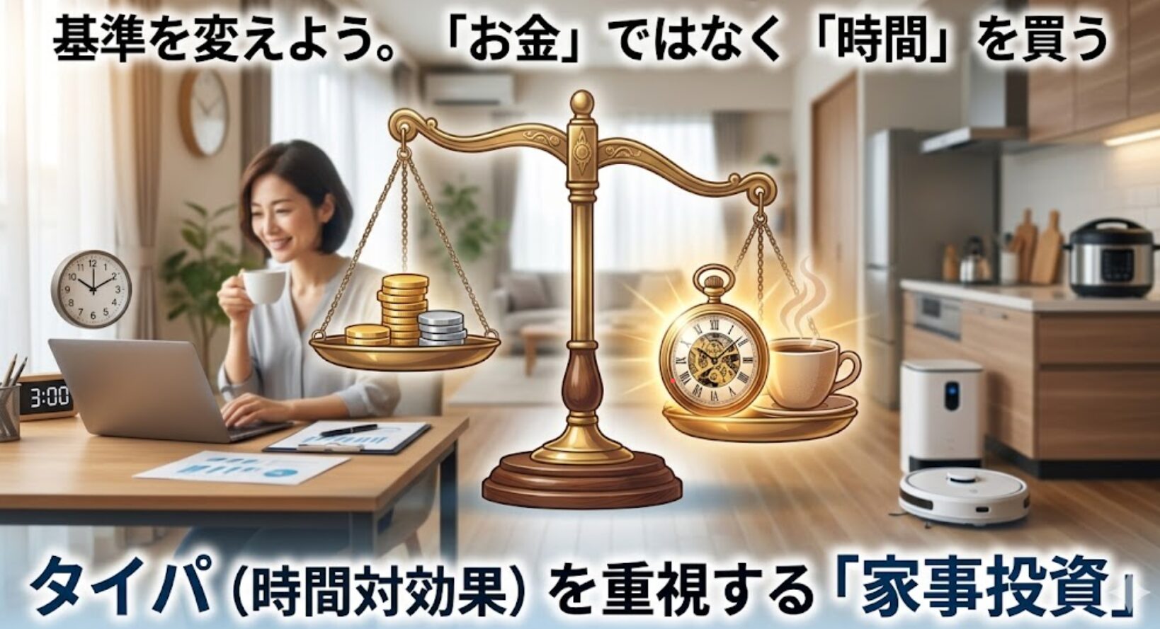 お金ではなく時間を買う、タイパを重視する家事投資への基準変更を促すスライド