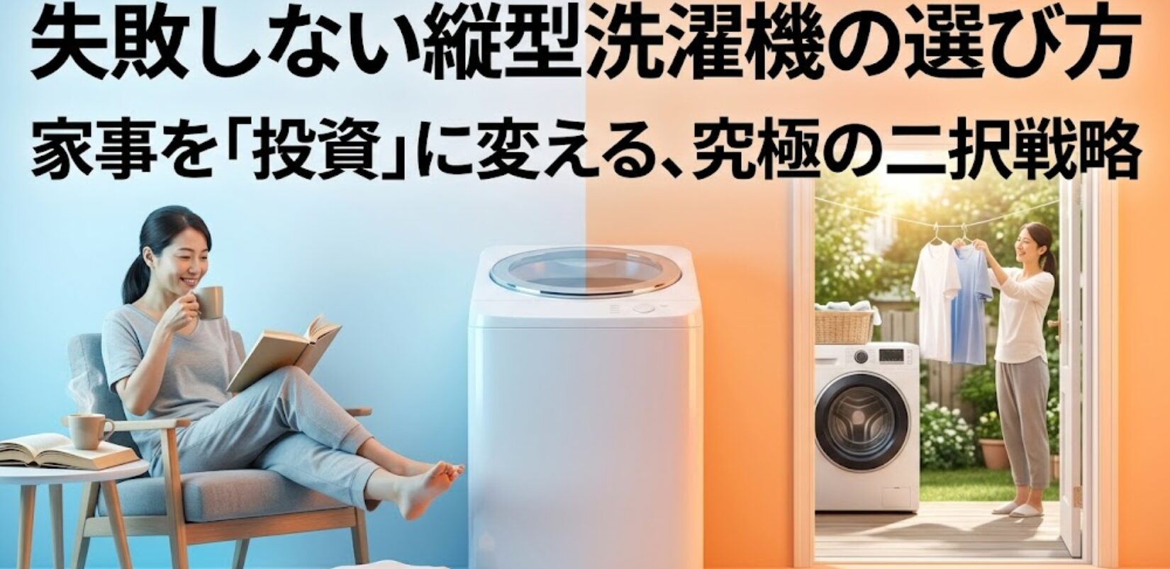 失敗しない縦型洗濯機の選び方を解説するスライドの表紙。家事を投資に変える究極の二択戦略というキャッチコピーが記載されています。