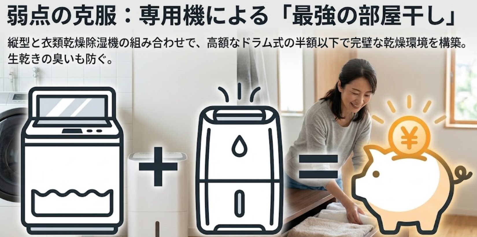縦型洗濯機と衣類乾燥除湿機を組み合わせることで、ドラム式の半額以下の費用で完璧な乾燥環境を構築できることを示すアイコンと図解。