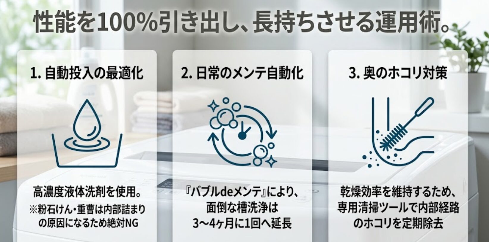 自動投入に適した液体洗剤の使用や、バブルdeメンテによる槽洗浄頻度の延長、ホコリ対策をまとめたスライド